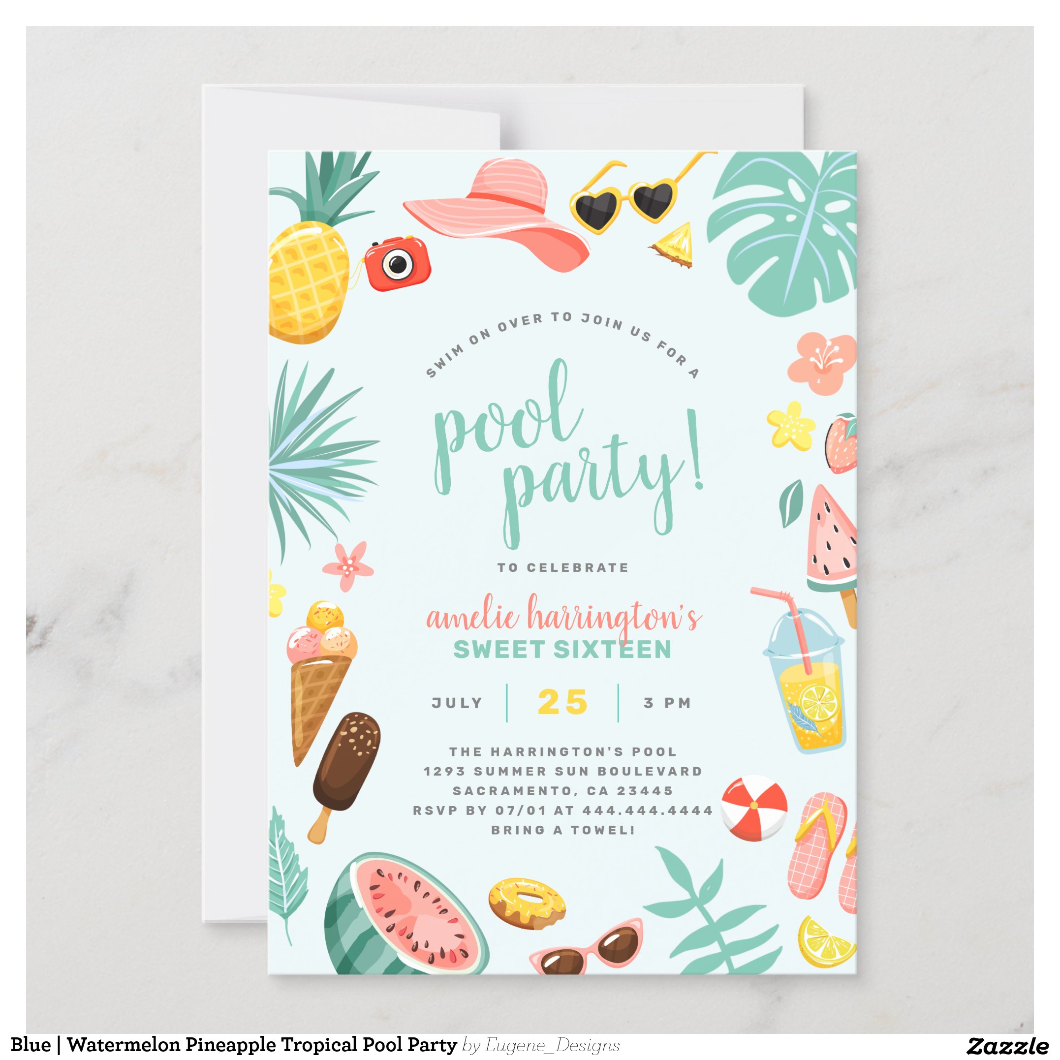Blue Watermelon Pineapple Tropical Pool Party Magnetic Invitation