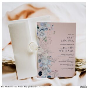 Blue Wildflower boho Winter Baby girl Shower Invitation