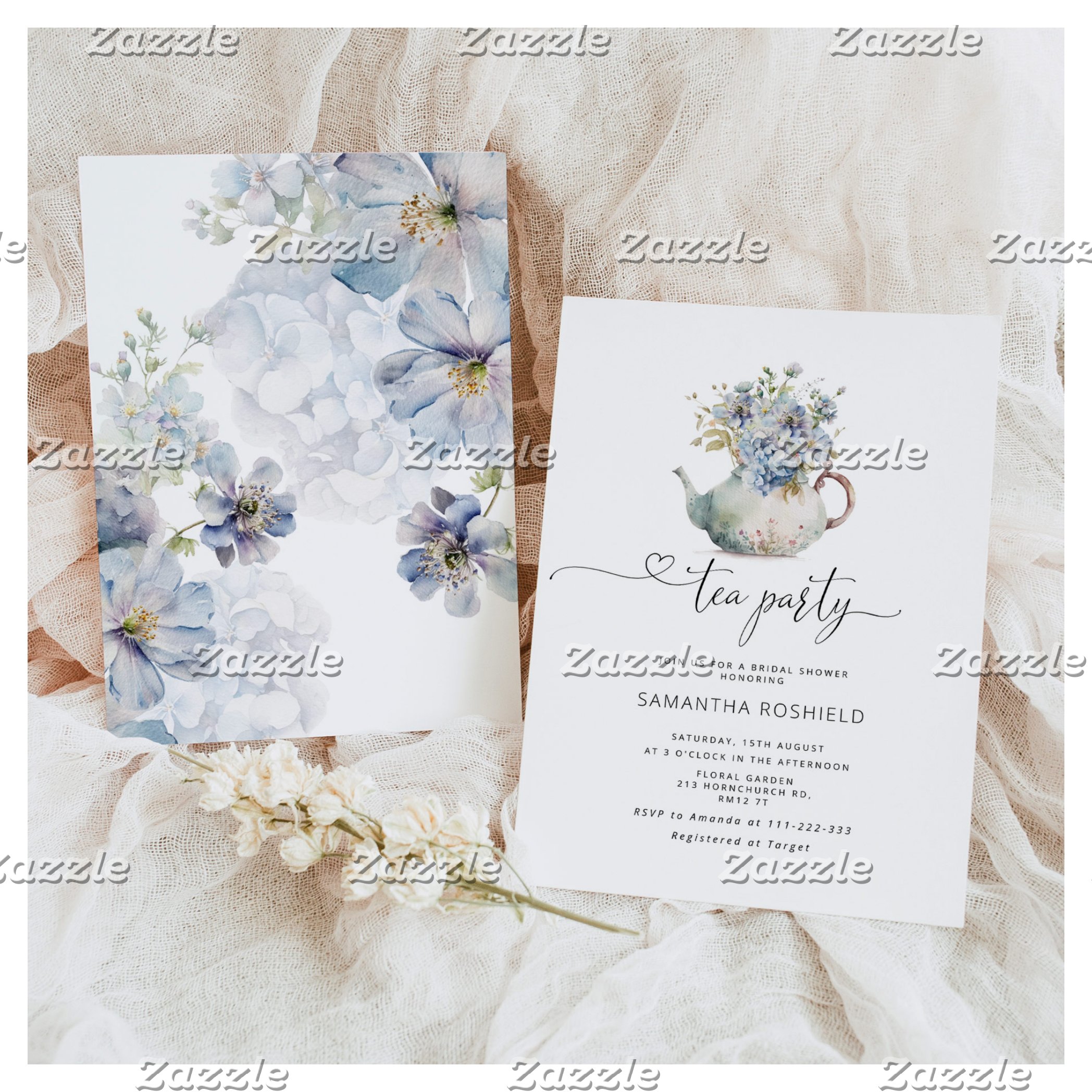 Blue wildflowers tea party bridal shower invitation