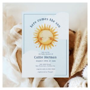 Blue Yellow Here Comes the Son Boy Baby Shower Invitation