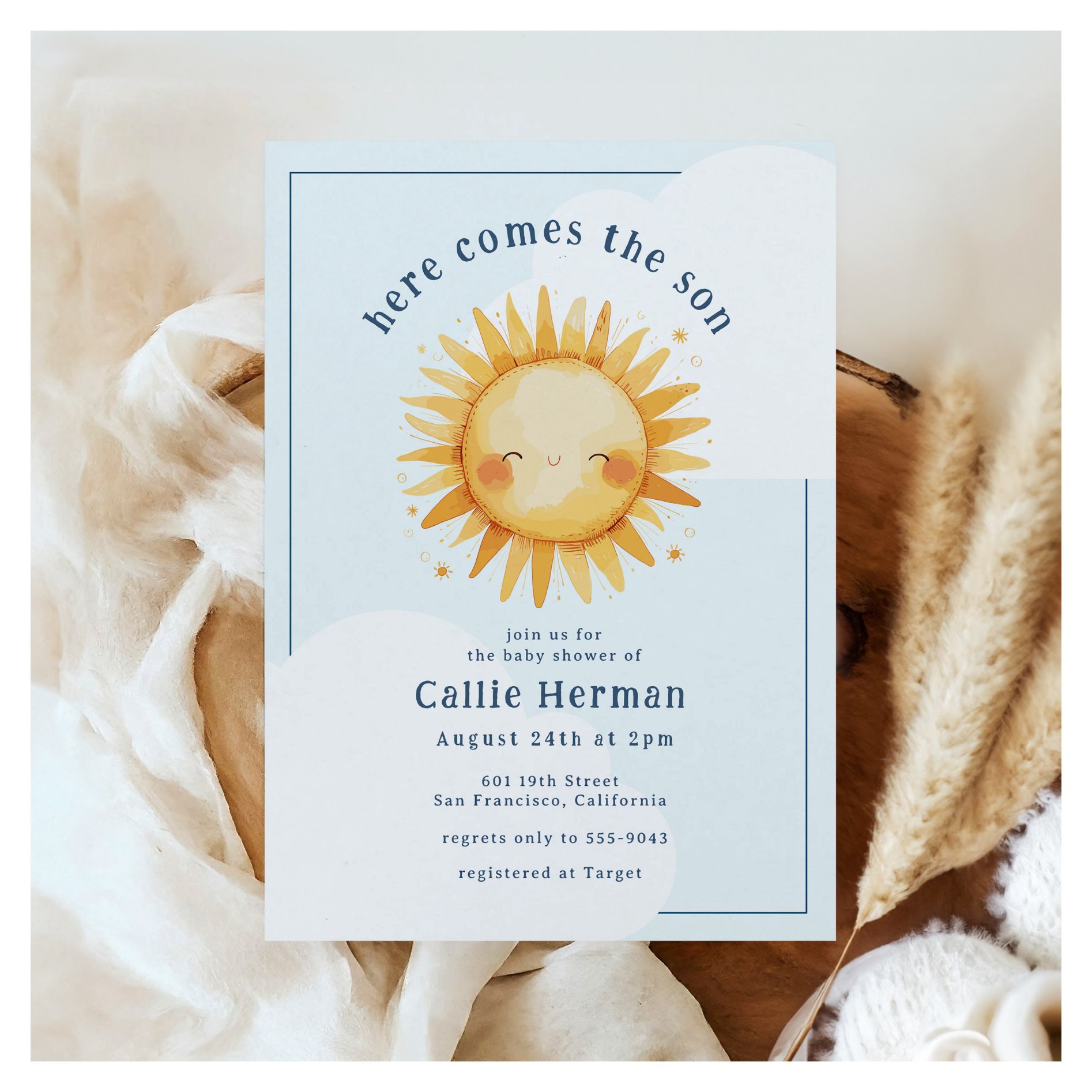 Blue Yellow Here Comes the Son Boy Baby Shower Invitation