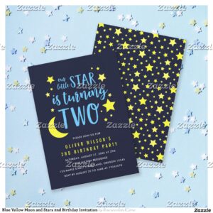 Blue Yellow Moon and Stars 2nd Birthday Invitation