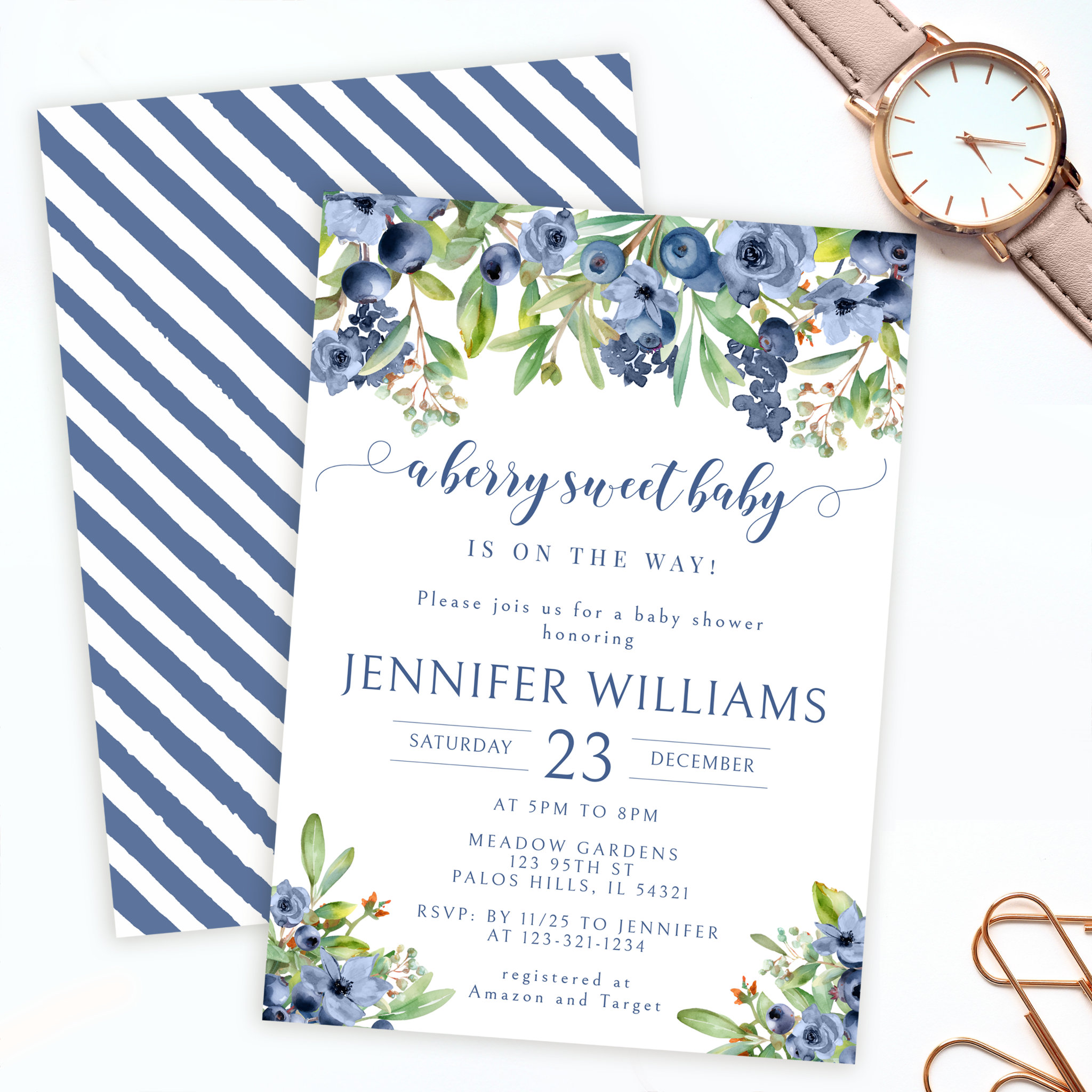 Blueberry a berry sweet baby boy shower invitation