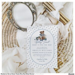 Blueberry Berry Sweet Dusty Blue Boy Baby Shower Invitation