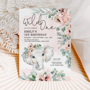 Blush Floral Elephant Wild One 1st Birthday Girl I Invitation