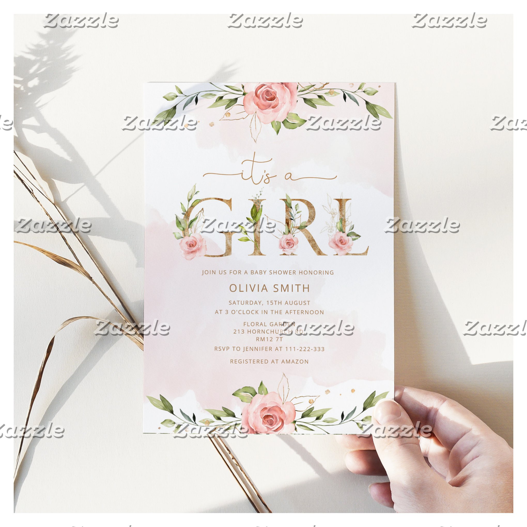 Blush floral gold It's a girl baby shower Invitation