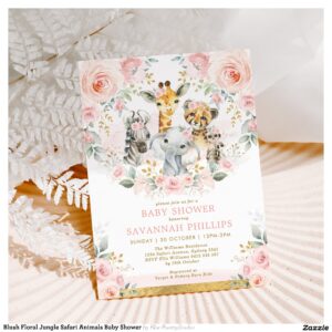 Blush Floral Jungle Safari Animals Baby Shower Invitation