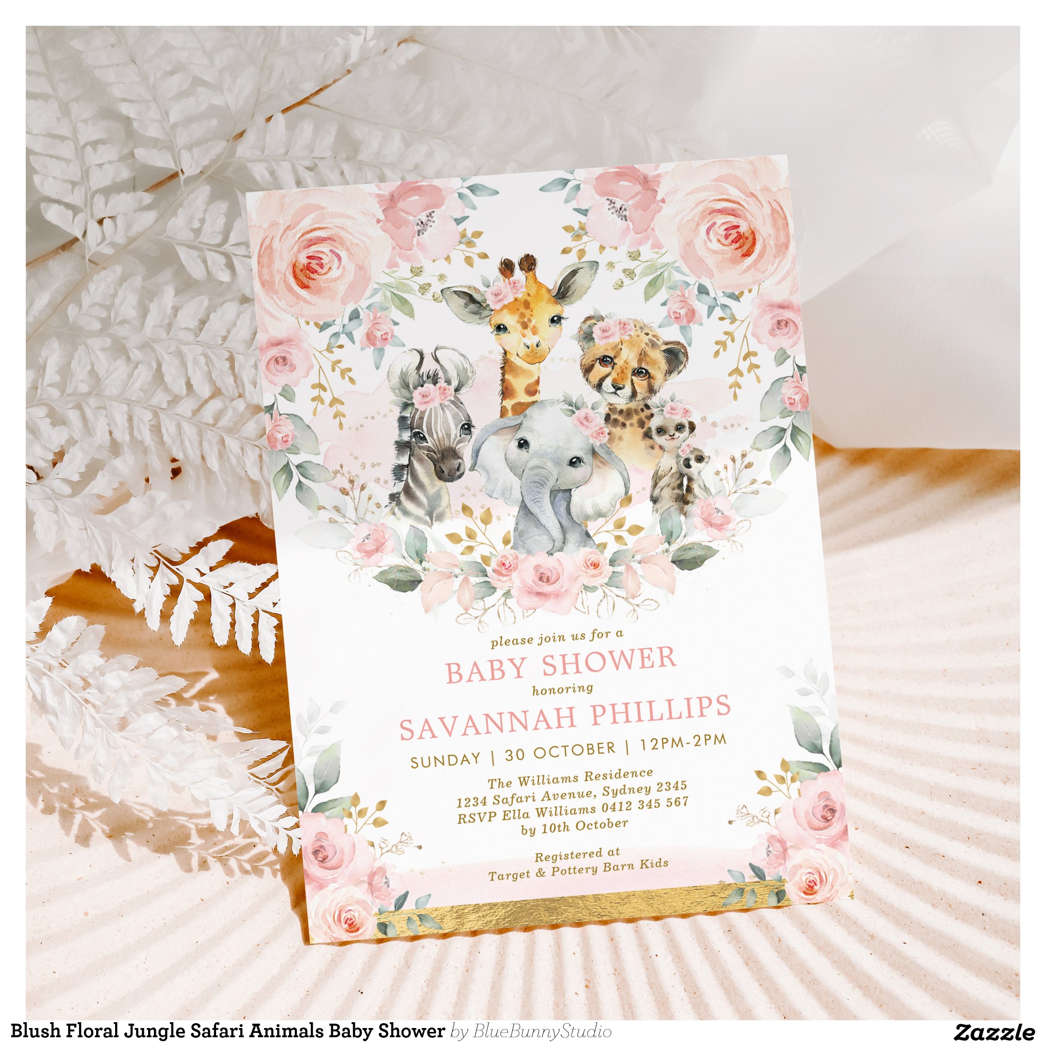 Blush Floral Jungle Safari Animals Baby Shower Invitation