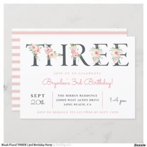 Blush Floral THREE 3rd Birthday Party Invitation