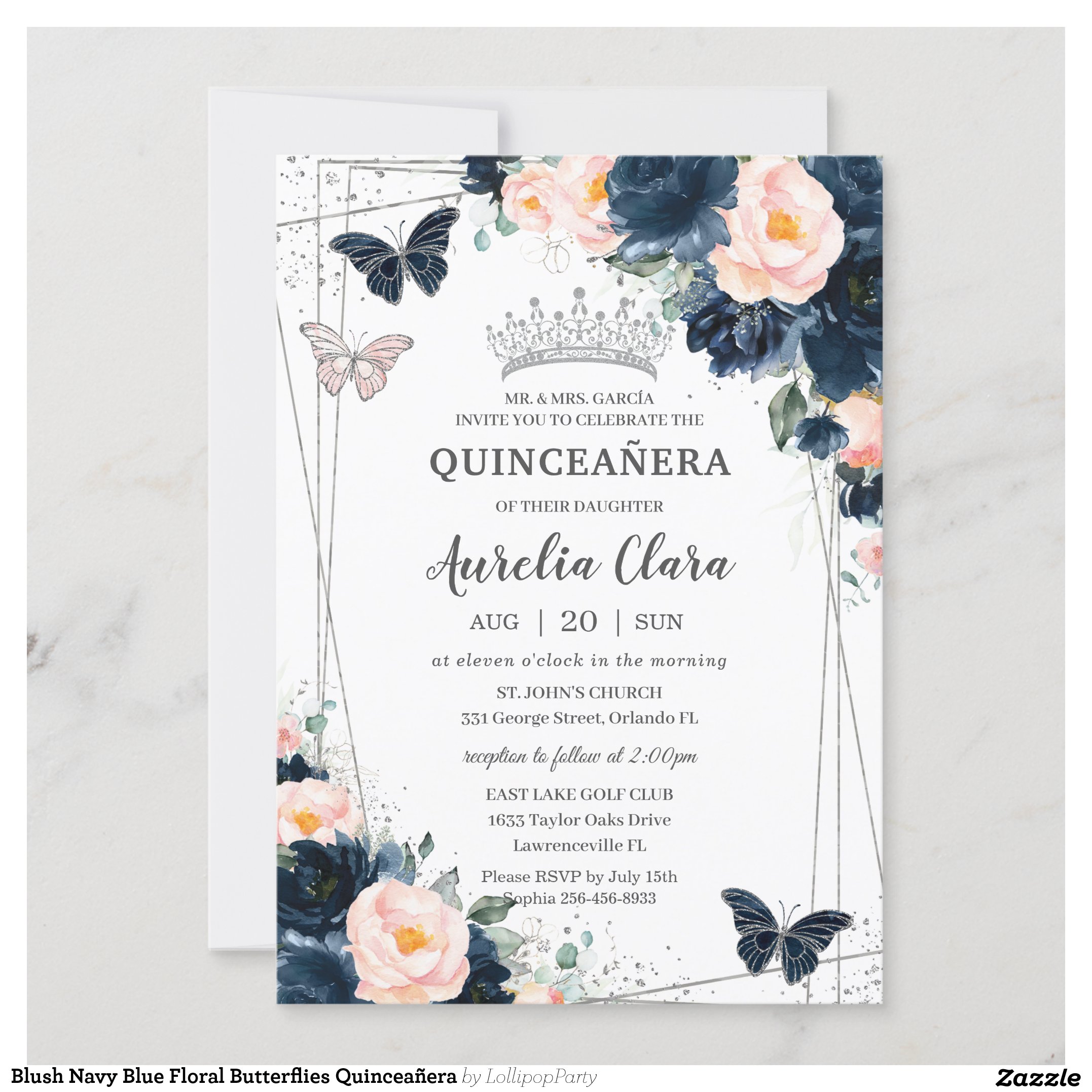 Blush Navy Blue Floral Butterflies Quincea?era Invitation