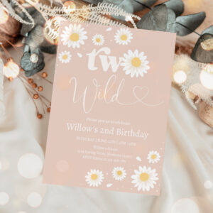 Blush Pink Boho Daisy Two Wild 2nd Birthday Party Invitation