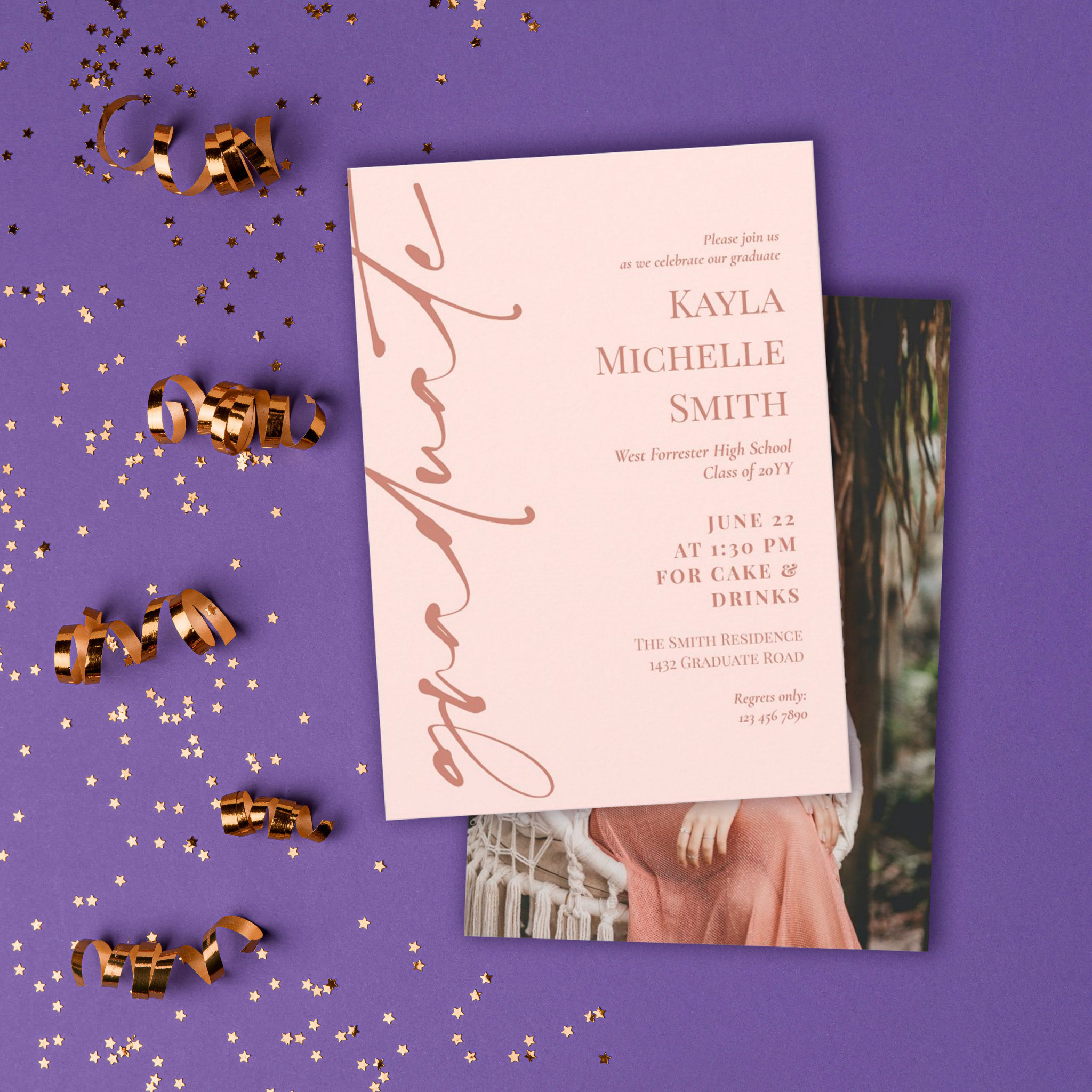 Blush Pink Brass Typography Graduation Party Invitation