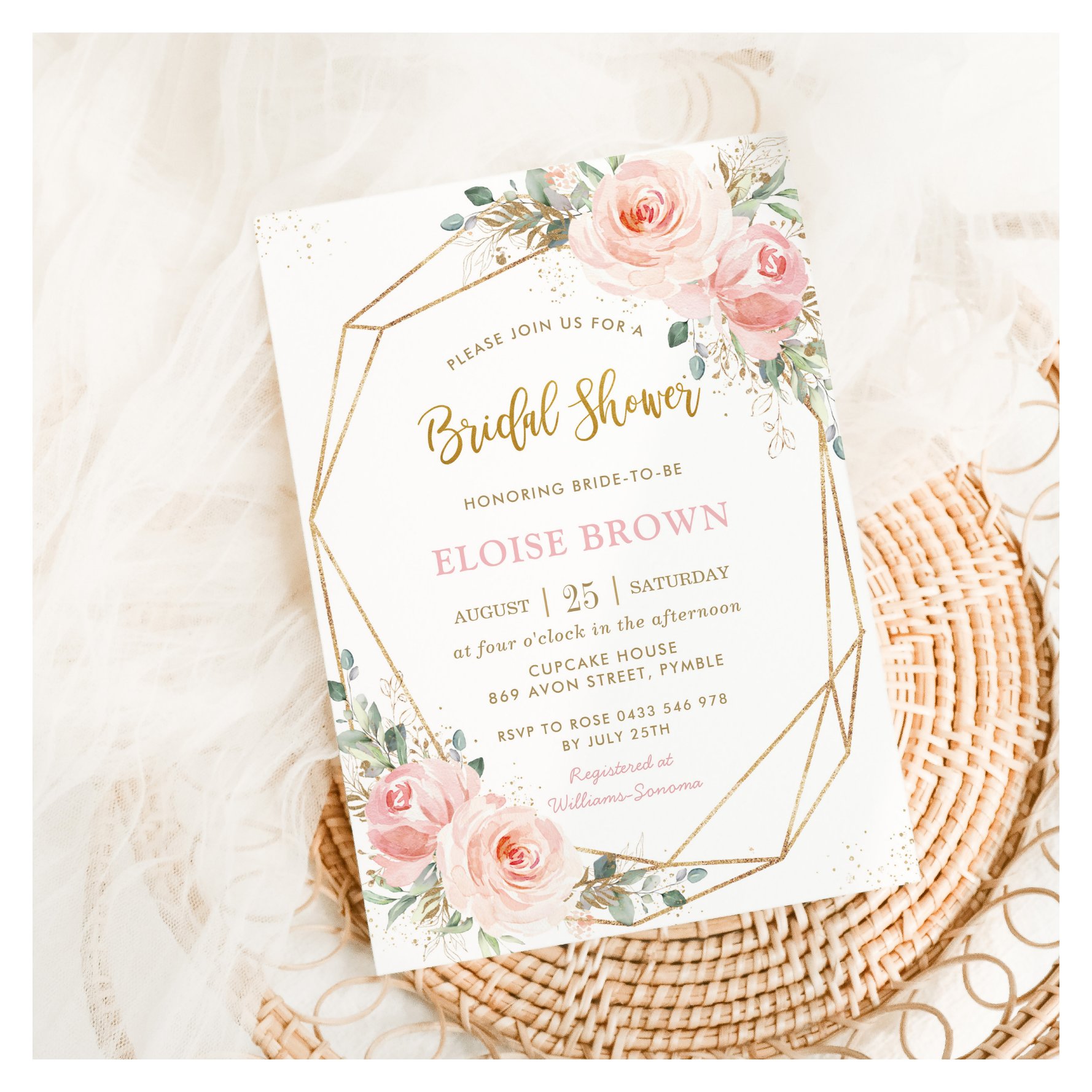Blush Pink Floral Gold Geometric Bridal Shower Inv Invitation