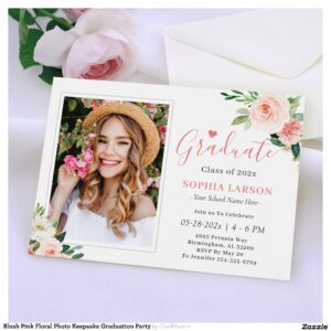 Blush Pink Floral Photo Keepsake Graduation Party Invitation