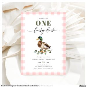 Blush Pink Gingham One Lucky Duck 1st Birthday Invitation