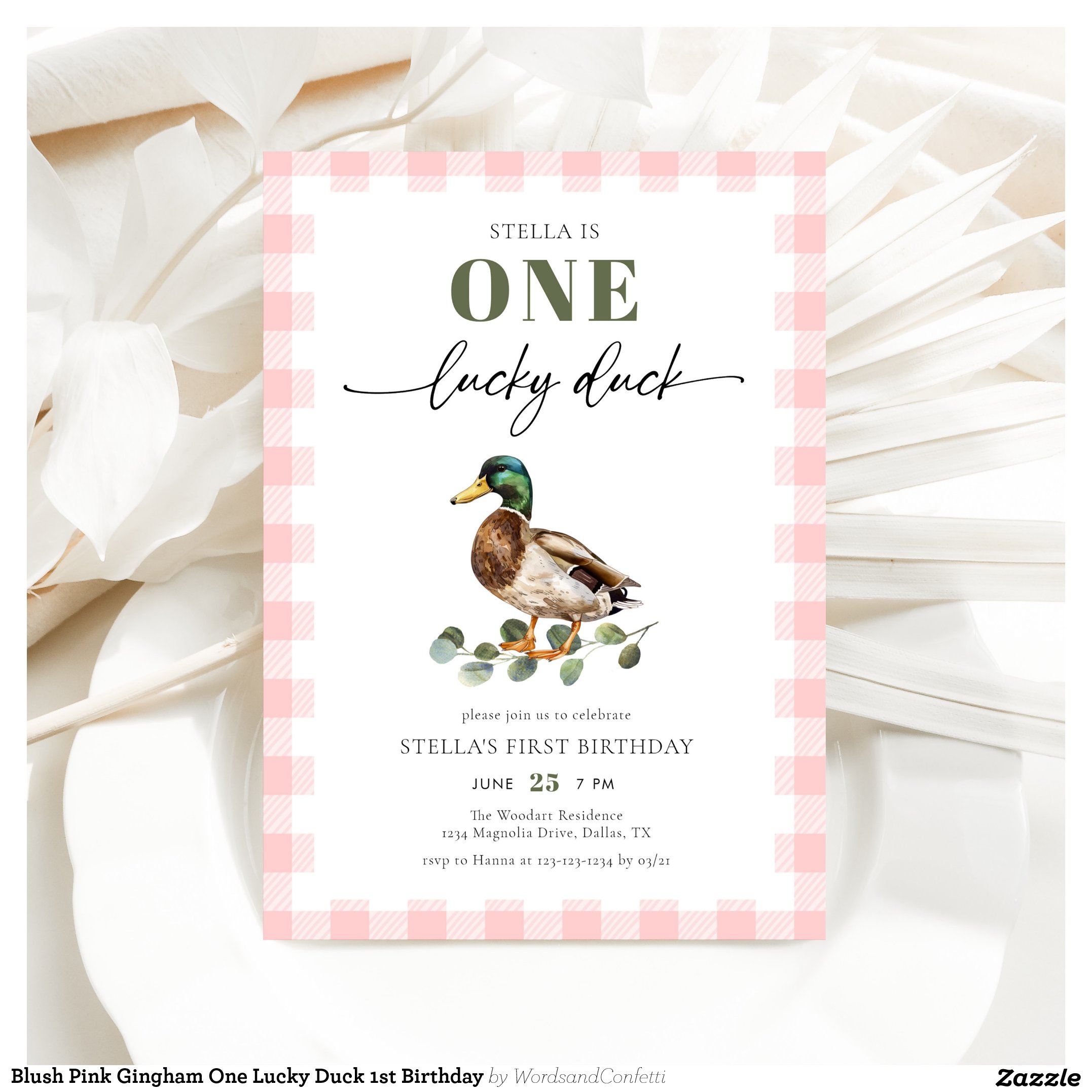 Blush Pink Gingham One Lucky Duck 1st Birthday Invitation