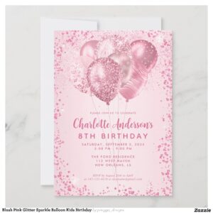Blush Pink Glitter Sparkle Balloon Kids Birthday Invitation