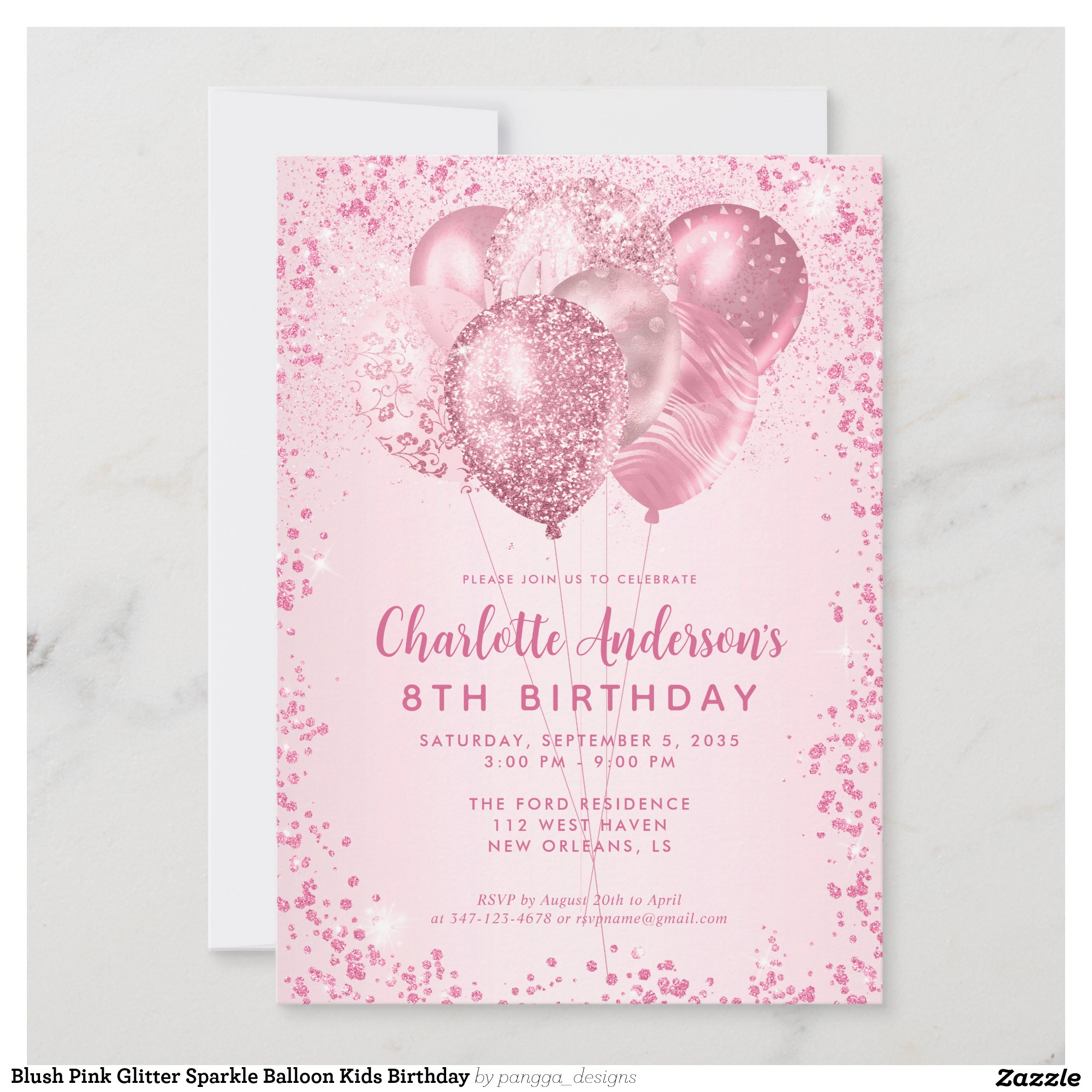 Blush Pink Glitter Sparkle Balloon Kids Birthday Invitation