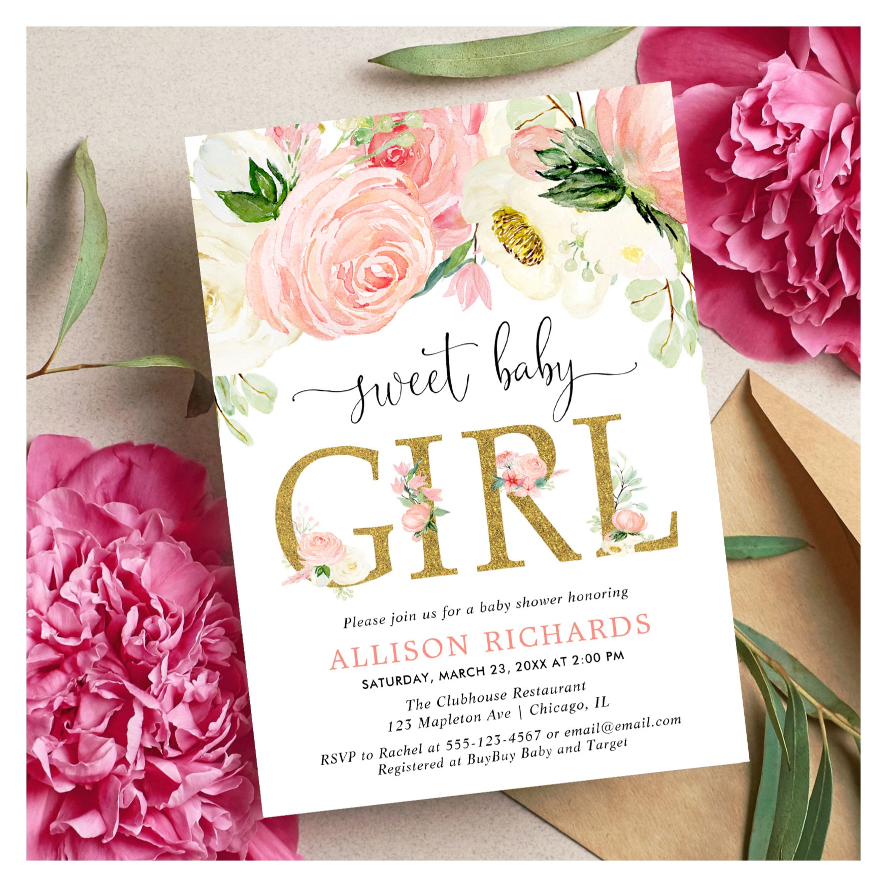 Blush pink gold Floral Girl baby shower Invitation