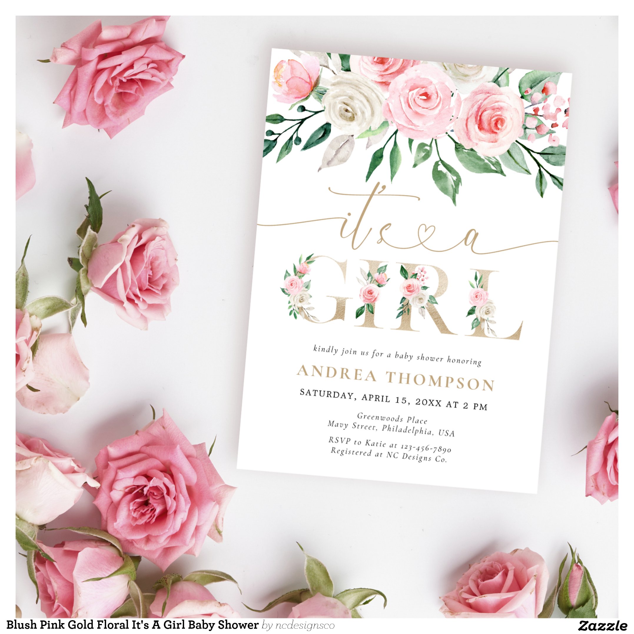 Blush Pink Gold Floral It's A Girl Baby Shower Invitation
