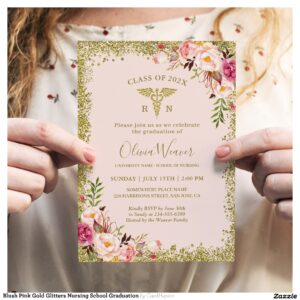 Blush Pink Gold Glitters Nursing School Graduation Invitation