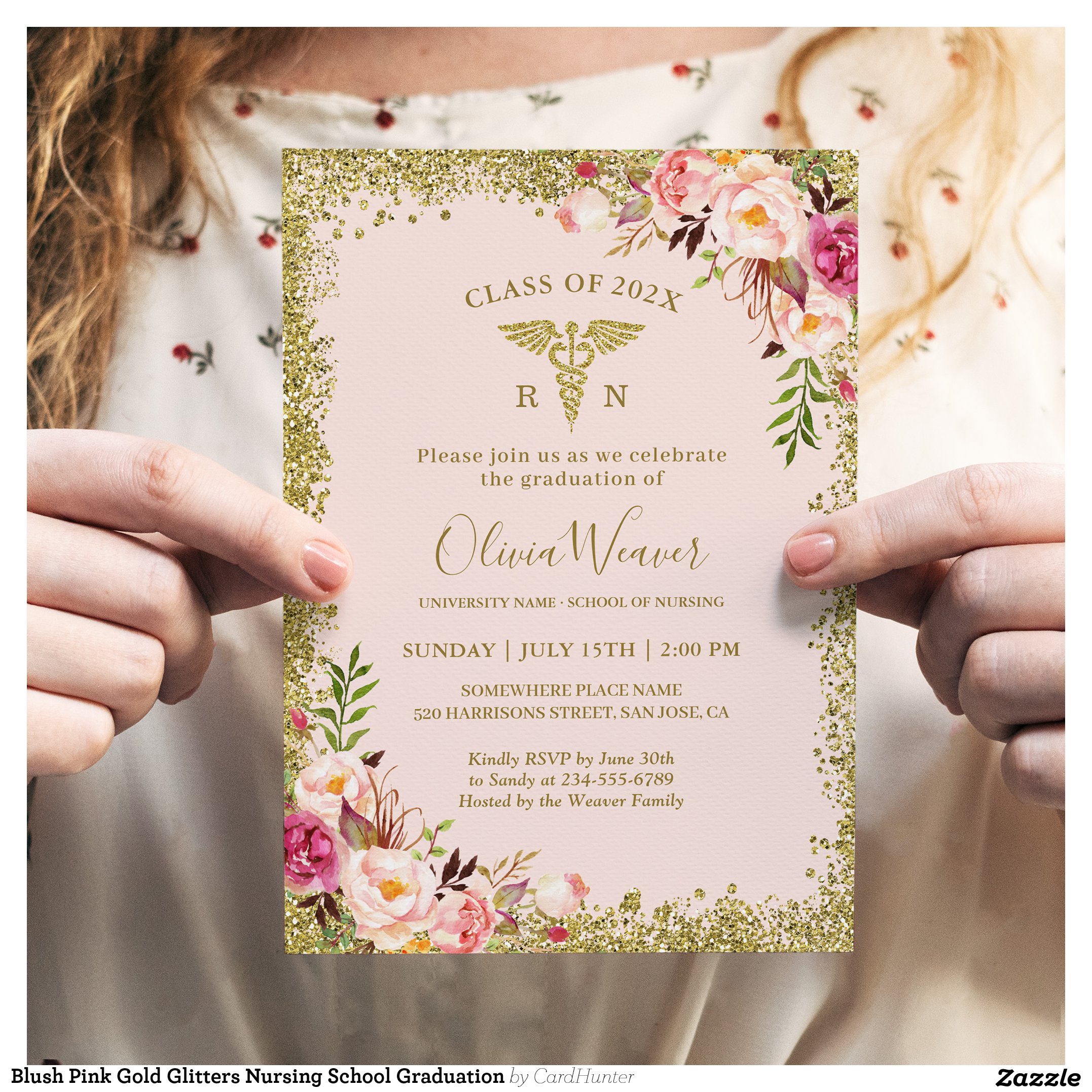 Blush Pink Gold Glitters Nursing School Graduation Invitation