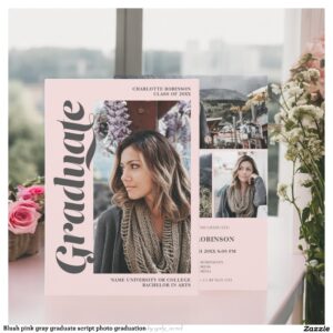 Blush pink gray graduate script photo graduation invitation