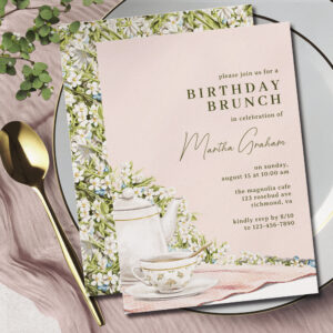 Blush Pink Green Cute Tea Party Birthday Brunch Invitation