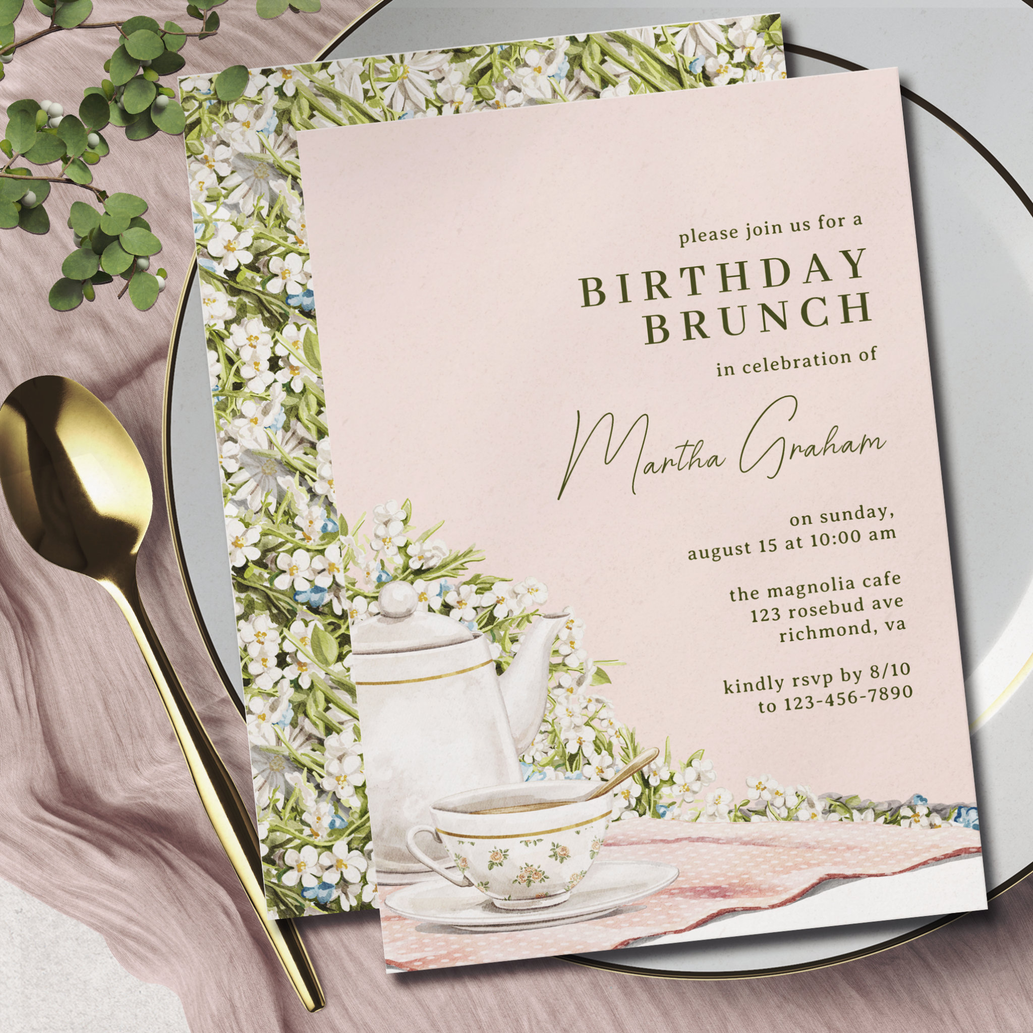 Blush Pink Green Cute Tea Party Birthday Brunch Invitation