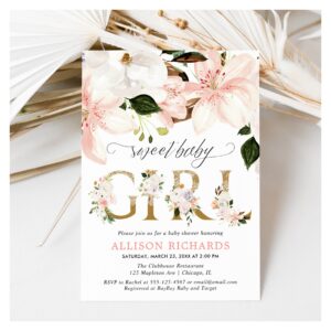 Blush pink lace burlap floral girl baby shower invitation