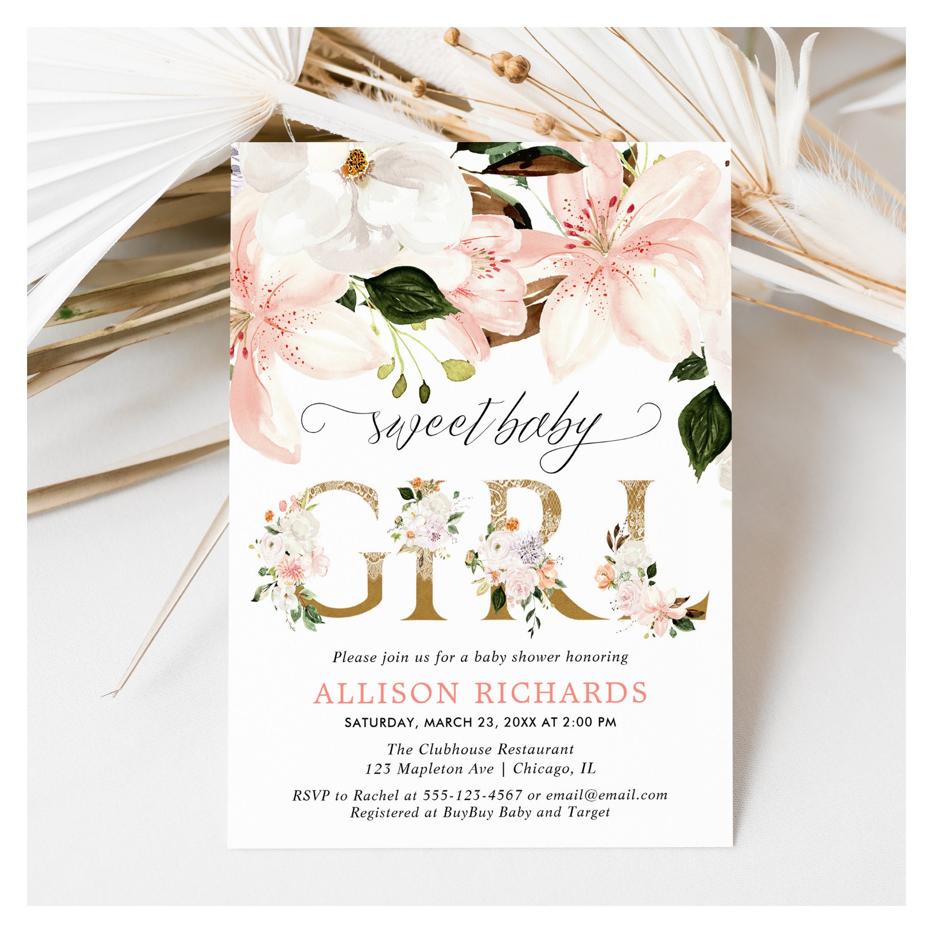 Blush pink lace burlap floral girl baby shower invitation
