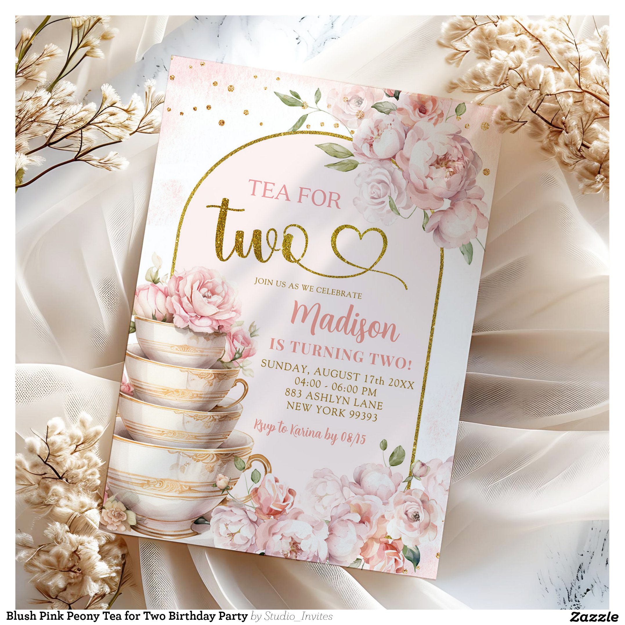 Blush Pink Peony Tea for Two Birthday Party Invitation