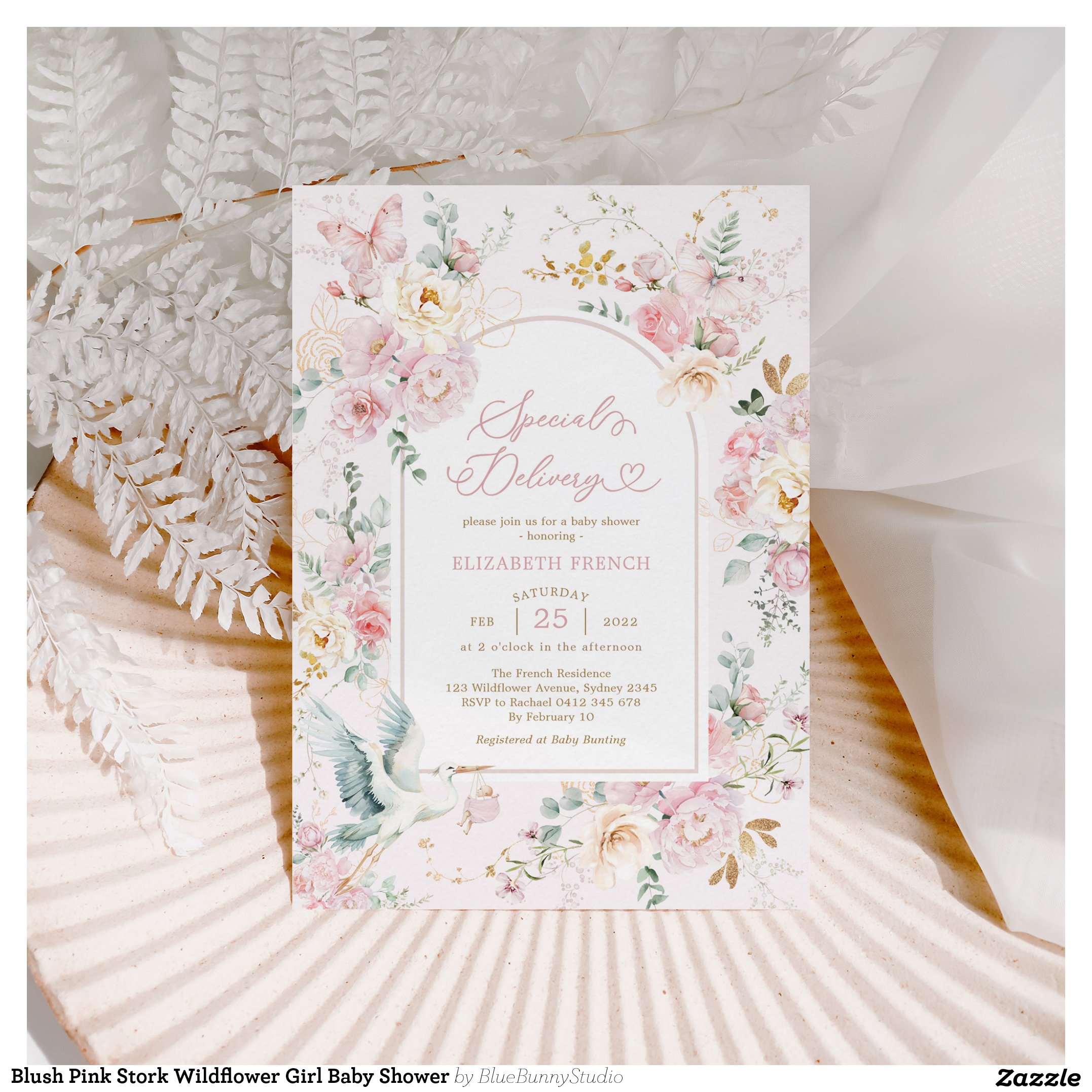 Blush Pink Stork Wildflower Girl Baby Shower Invitation