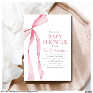 Blush Pink Watercolor Bow Girl Baby Shower Invitation