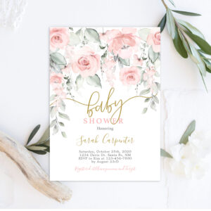 Blush pink watercolor floral baby shower girl invitation