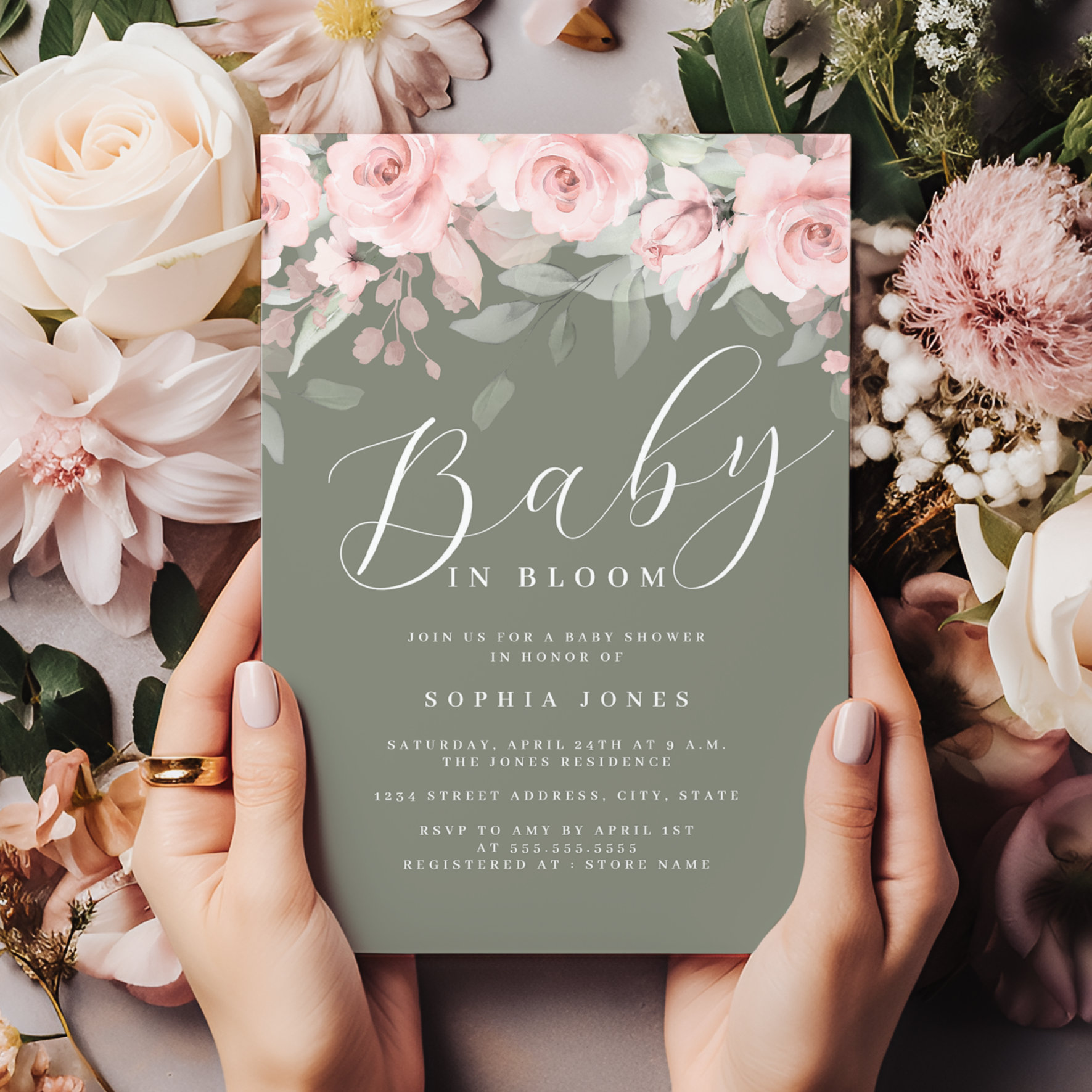 Blush Sage Floral Girl Baby In Bloom Baby Shower Invitation