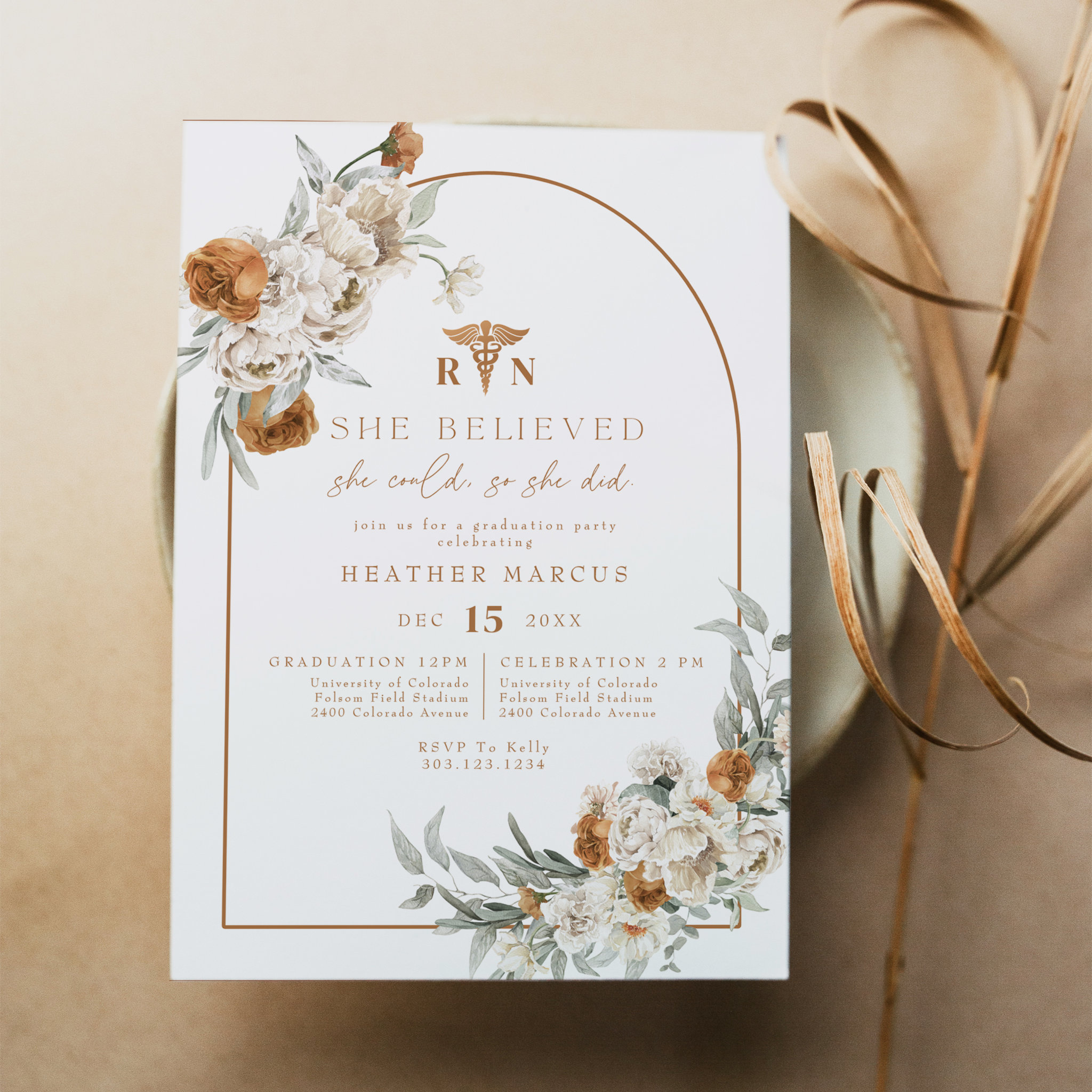 BOHEME Terracotta Floral Boho RN Nurse Graduation Invitation