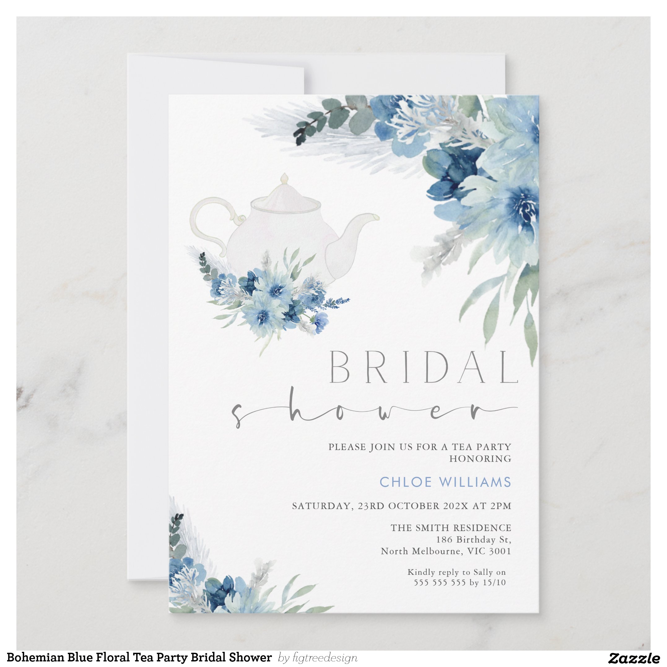 Bohemian Blue Floral Tea Party Bridal Shower Invitation
