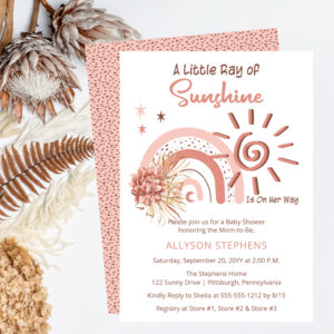 Boho A Little Ray of Sunshine Girl Baby Shower Invitation