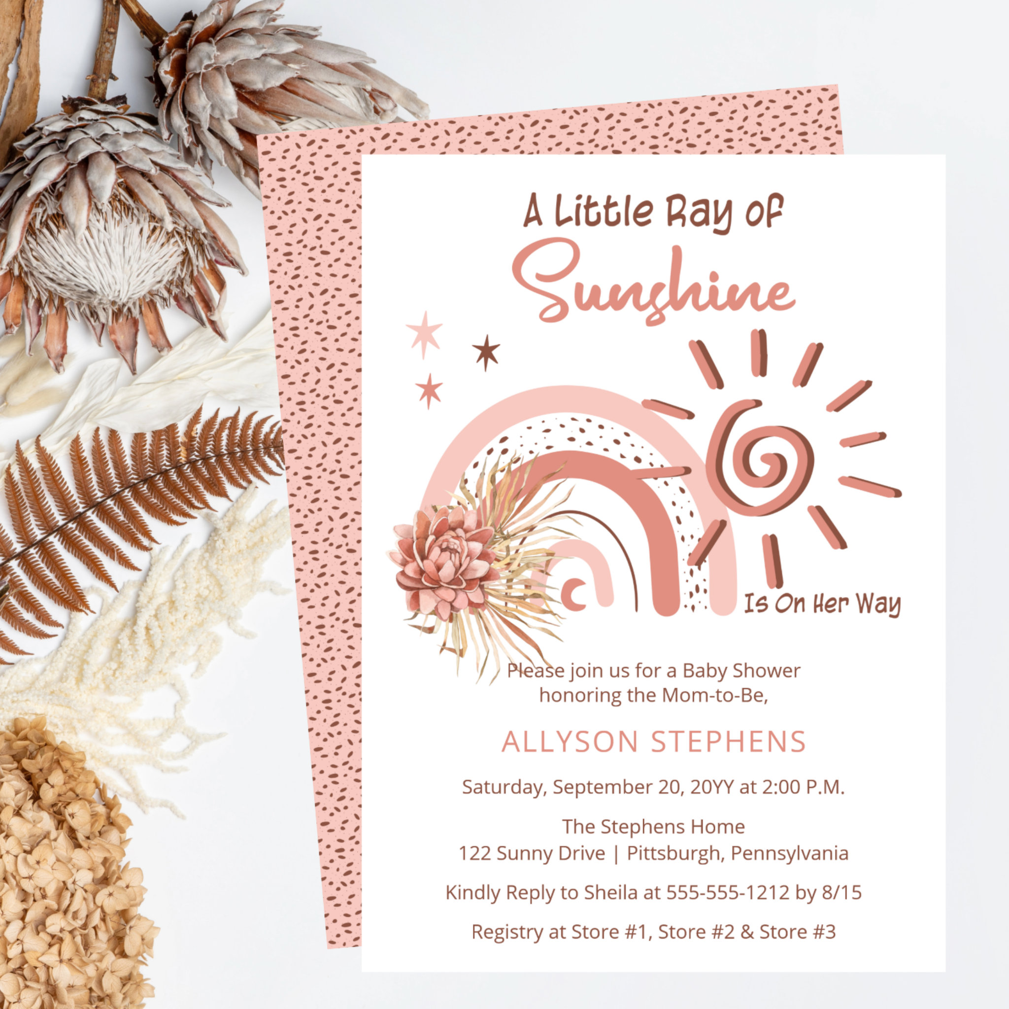 Boho A Little Ray of Sunshine Girl Baby Shower Invitation
