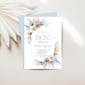 Boho Blue Floral Pampas Grass Baby Shower Boy Invitation