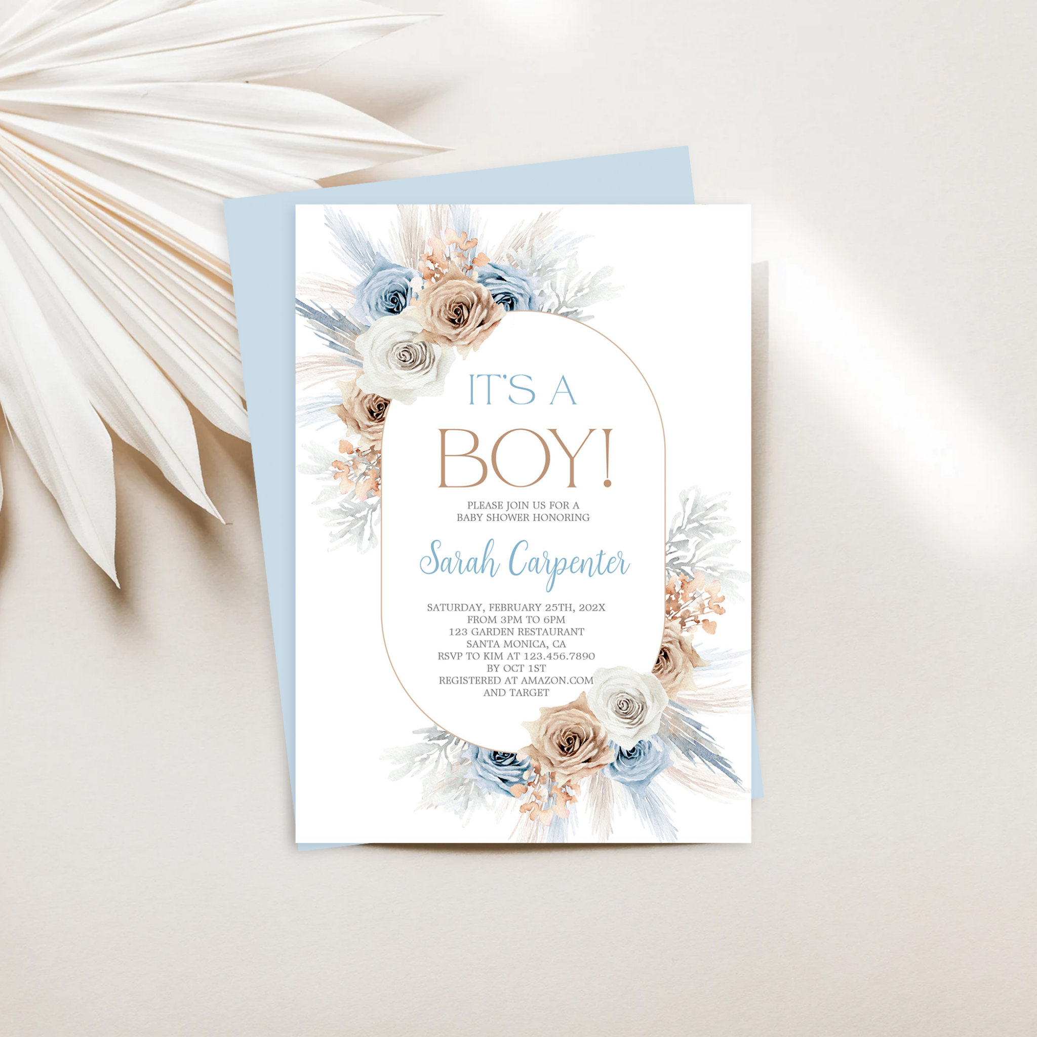 Boho Blue Floral Pampas Grass Baby Shower Boy Invitation