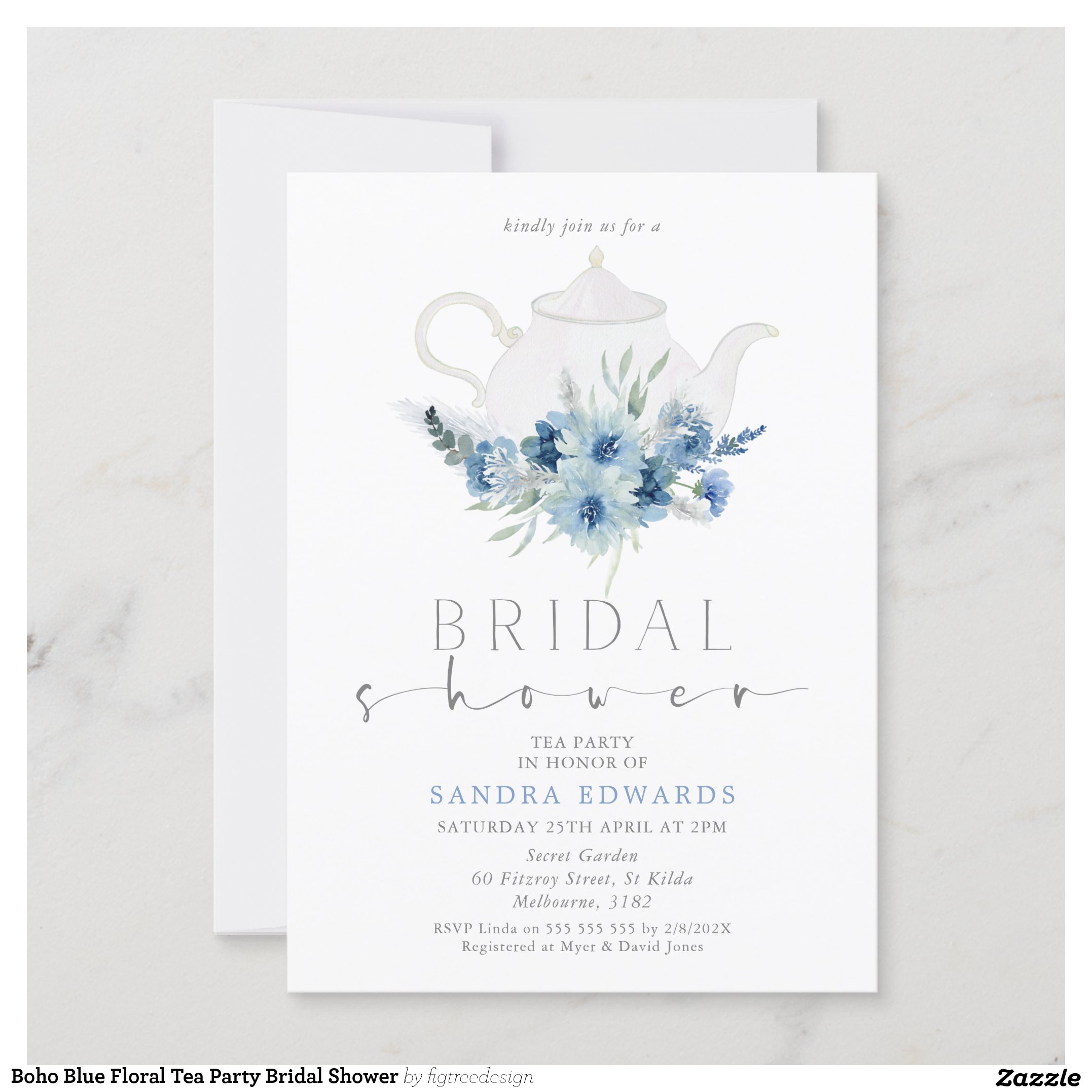 Boho Blue Floral Tea Party Bridal Shower Invitation