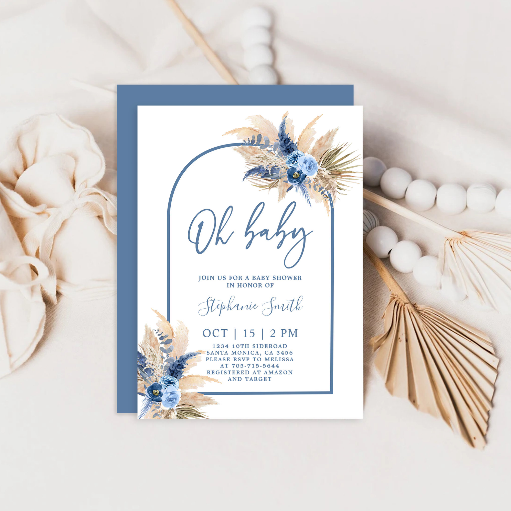 Boho Blue Pampas Grass Baby Shower Boy Invitation