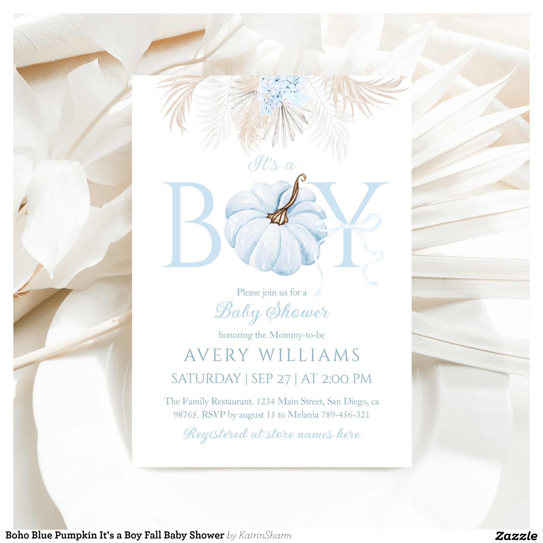 Boho Blue Pumpkin It's a Boy Fall Baby Shower Invitation