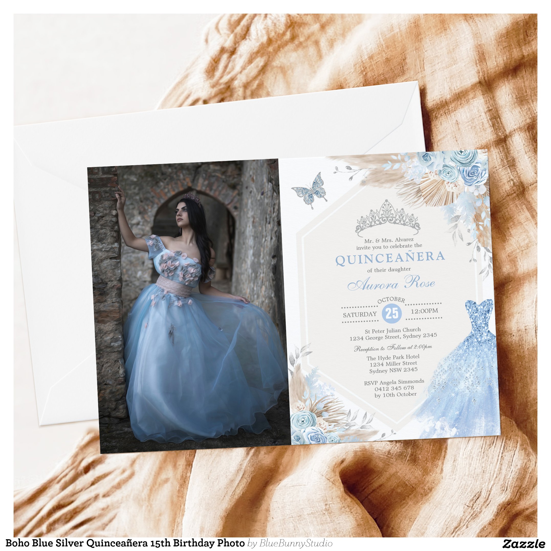 Boho Blue Silver Quincea?era 15th Birthday Photo Invitation