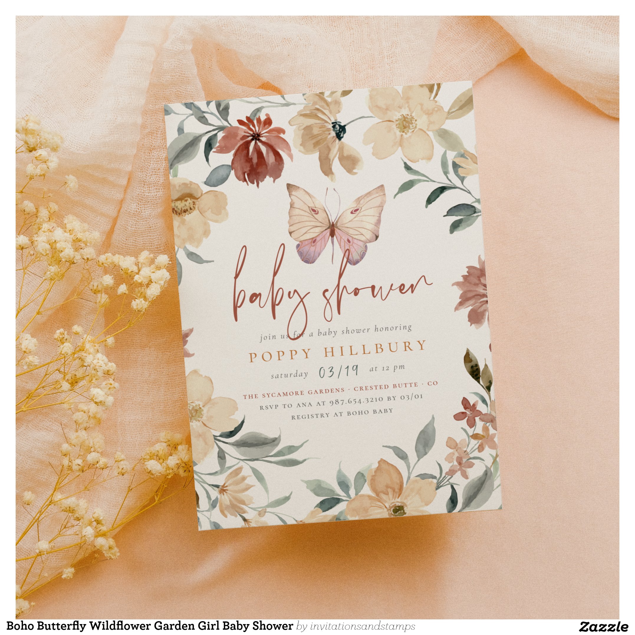 Boho Butterfly Wildflower Garden Girl Baby Shower Invitation