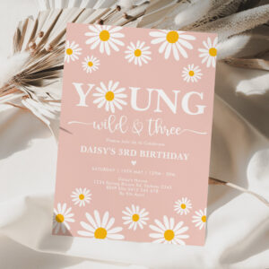 Boho Daisy Floral Young Wild & Three 3rd Birthday Invitation