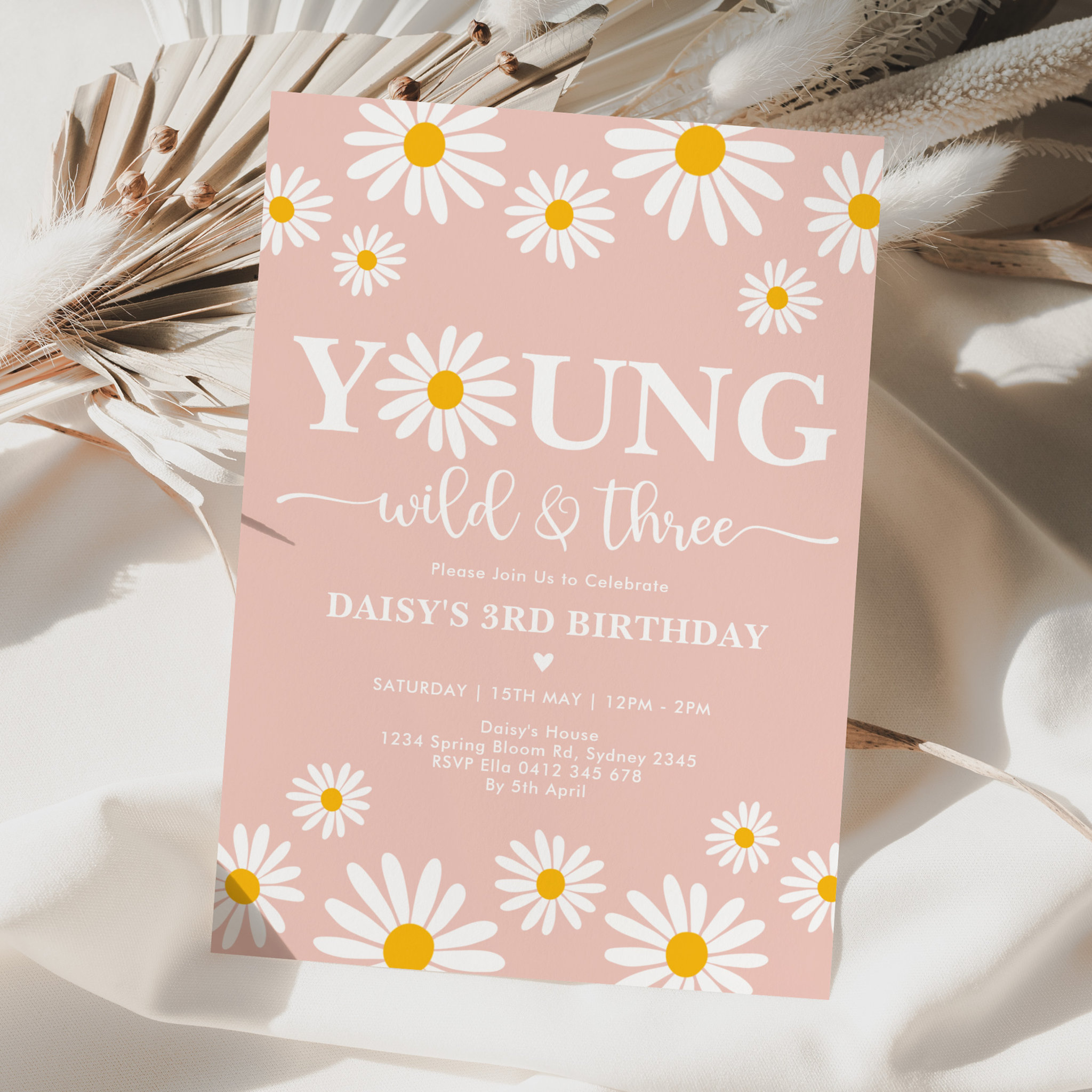 Boho Daisy Floral Young Wild & Three 3rd Birthday Invitation