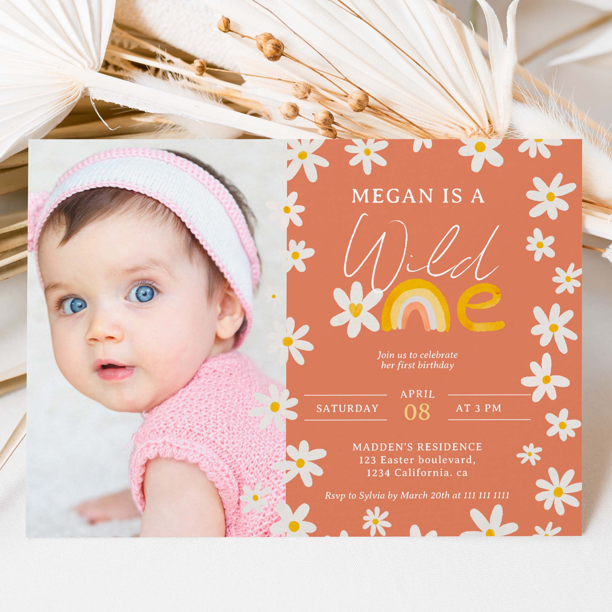 Boho daisy rainbow photo wild one 1st birthday invitation
